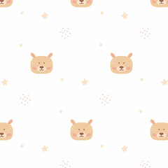 Childish seamless pattern with cute bear head. Baby boho style. Hand-drawn pattern with bear vector illustration.