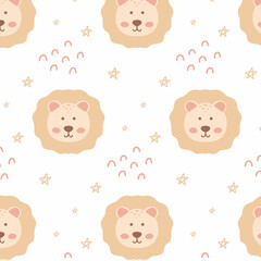 Childish seamless pattern with cute lion head. Kid's boho style. Drawn pattern with a lion cub. Vector illustration.