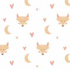 Childish seamless pattern with cute fox head and hearts. Kid's boho style. Drawn pattern with fox moon and hearts.