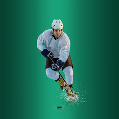 Professional ice hockey player hitting puck for winning goal in action on gradient multicolored...