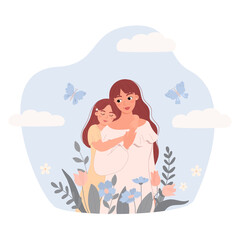 Happy Mothers Day. A little daughter hugs her young mother. Flat vector illustration for a greeting card or poster.