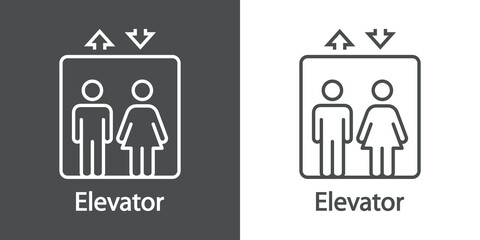 S&iacute;mbolo ascensor. Icono con texto Elevator con l&iacute;neas en fondo gris y fondo blanco