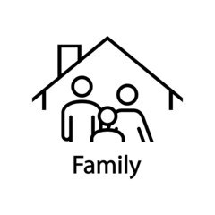 Seguro del hogar. Logotipo con texto Family con silueta de hombre, mujer y niño en tejado de casa con líneas en color negro