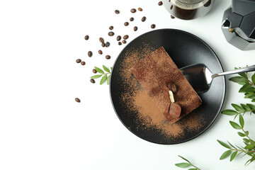 Concept of tasty dessert with Tiramisu cake, space for text