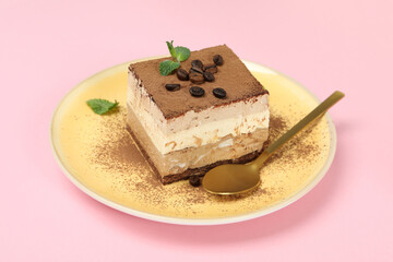 Concept of tasty dessert with Tiramisu cake, close up