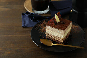 Concept of tasty dessert with Tiramisu cake, space for text