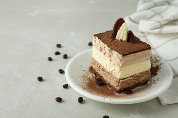 Concept of tasty dessert with Tiramisu cake, space for text