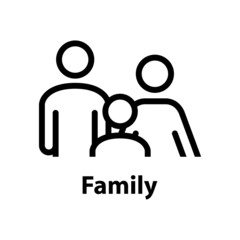 Icono grupo familiar. Logotipo con texto Family con silueta de hombre, mujer y niño con líneas en color negro