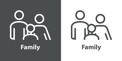 Icono grupo familiar. Logotipo con texto Family con silueta de hombre, mujer y niño con líneas en fondo gris y fondo blanco