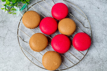 Assorted macaroons on baking tray, french cookies