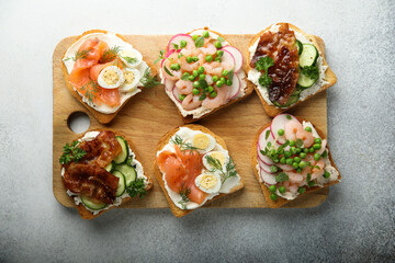 Assorted homemade open sandwiches or toasts