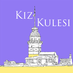 Simple vector sketch of Istanbul, Turkey. City view of Kiz Kulesi, Maiden's Tower, Leander's Tower Tower of Leandros . A tower on a small islet at the southern entrance of the Bosphorus. Turkey art.