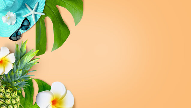 Summer background design concept. Top view with starfish, pineapple, hat, flower plumeria and monstera leaves on pink background.