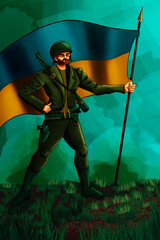Full-body illustration of an armed Ukarainian soldier holding a flag in a field.