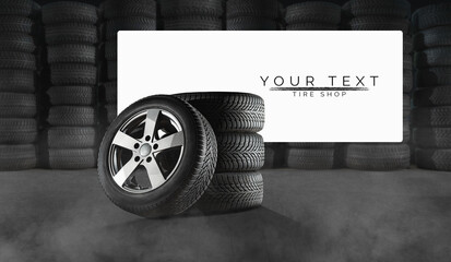 Tire shop, auto service and car wheel tyre store design. Pile of automobile black rubber tires...