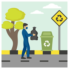 Man Who Removes Trash Is A Dump In The Streets Concept, Sanitation worker vector icon design, Industrial cleaning service symbol, office and street caretaker Sign, maintenance appliance and equipment