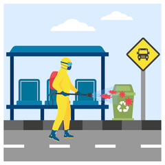 Worker cleaning public space wearing Hazmat suit Concept vector icon design, Industrial cleaning service symbol,office and street caretaker Sign, maintenance appliance and equipment stock illustration