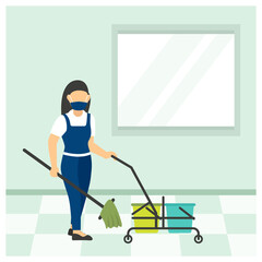 Maid Cleaning The Floor With Mop In Office Concept vector icon design, Industrial cleaning service symbol, office and street caretaker Sign, maintenance appliance and equipment stock illustration