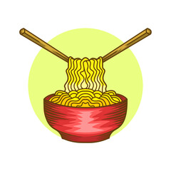 Illustration of noodles in a bowl with chopsticks