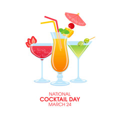 National Cocktail Day vector. Drinking glasses with alcoholic drinks icon vector isolated on a white background. Martini, strawberry daiquiri and tropical drink vector. Cocktail Day Poster, March 24