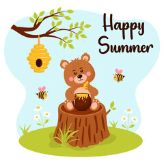 Baby bear with honey pot is sitting on the tree stump and cute round bees is flying around him. Beehive hanging on a branch. Summer meadow with daisies. Happy summer text.