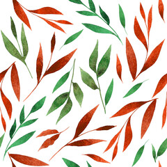 Orange green leaves seamless pattern. Watercolor abstract floral repeat print on white background. Botanical textile, fabric, wallpaper print design.