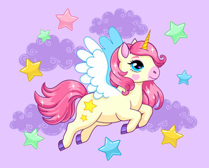 Pegasus flying among clouds and stars. Vector illustration