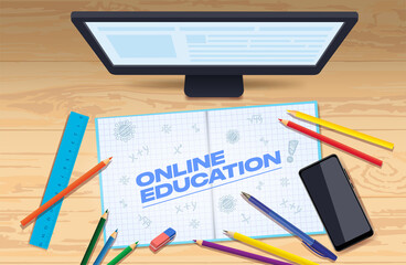 Online education poster. Remote lesson on a computer via the Internet in the coronavirus. On the table there is a monitor and a telephone with a notebook, pencils and covid-19 bacteria. Vector 2022