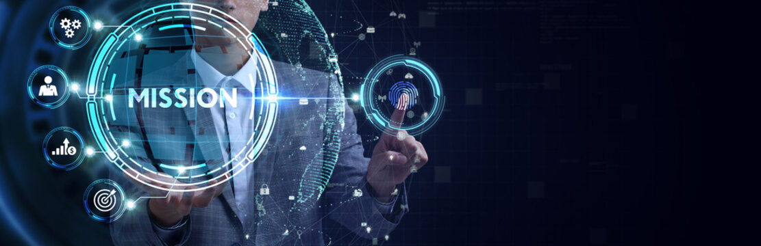 Mission concept. Finacial success concept on virtual screen. Business, technology, internet and networking concept.