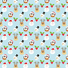 christmas seamless pattern with santa, snowman, reindeer and penguin head