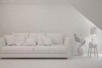 White minimalist living room with sofa. Scandinavian interior design. 3D illustration