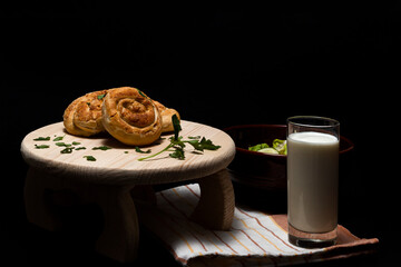 Pie, salad and yogurt served and ready for lunch.