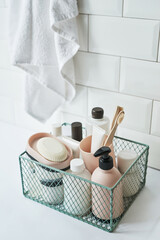 Bath accessories. Dressing table. Cosmetics and hygiene products. Spa and beauty salon. Toothbrush and soap, cream containers