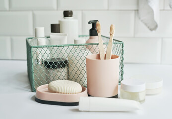 Bath accessories. Dressing table. Cosmetics and hygiene products. Spa and beauty salon. Toothbrush and soap, cream containers