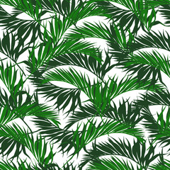 Fototapeta na wymiar Vector seamless pattern: a lot of green fresh tropical palm leaves on white. Summer natural design for textile, wallpaper, wrapping paper