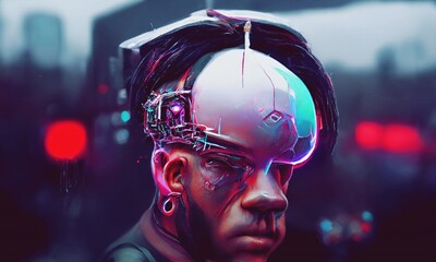 Surreal cyborg head with futuristic helmet against blurred background. Cyberpunk concept. Futuristic 3D illustration