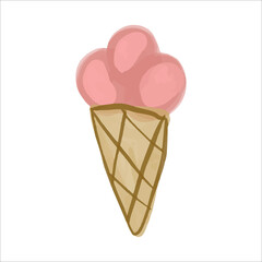Watercolor waffle cone with strawberry ice cream in boho style. Vector illustration.