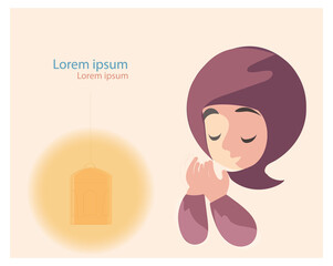 Obraz na płótnie Canvas Web Muslim pray to god.Cartoon of Muslim girl Duah or pray to God at night with lantern light. Happy gentle face and wearing traditional Islam dress,scarf.Hands together and calm.vector illustration.