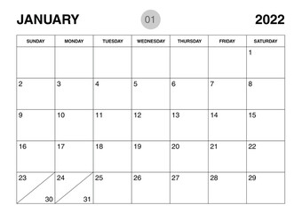 January 2022 year planner template, calendar 2022 template, monthly and yearly planners. organizer diary. week start Sunday, corporate planner template, Desk calendar 2022 year, Vector illustration