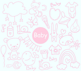 Sketchy hand drawn Doodle cartoon set of objects and symbols on the baby theme. Hand Made Design Vector New Born.