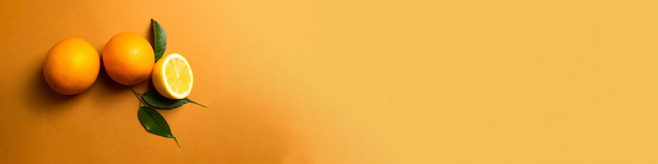 Juicy orange fruits with green leaves on an orange banner for your design. Copy space. The concept of health , diet , vitamin C. Creative food concept. Tropical organic fruit. 