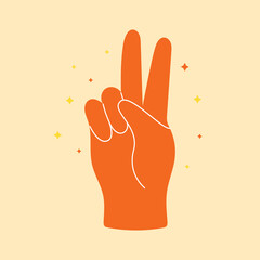 Vector groovy peace gesture clipart. 70s, 80s, 90s vibes sticker. Retro hand sign illustration. Vintage nostalgia element for design and print - obrazy, fototapety, plakaty