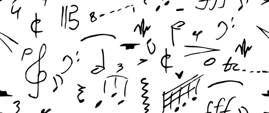 Pattern of musical symbols. Score notation signs. Notes, dynamics, accents 