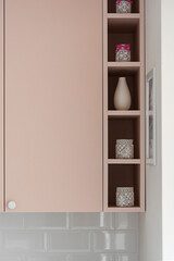 Detal w kuchni w minimalistycznym nowoczesnym stylu. Białe i różowe fronty mebli oraz sprzęt. - obrazy, fototapety, plakaty