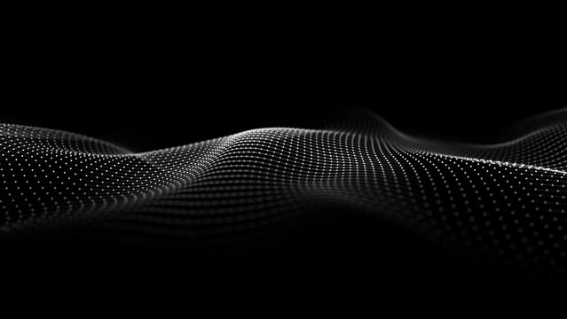 Wave of dots and lines. Gradient wavy background. Abstract cyber backdrop of points and lines. 3d rendering. 4K video. Seamless loop.