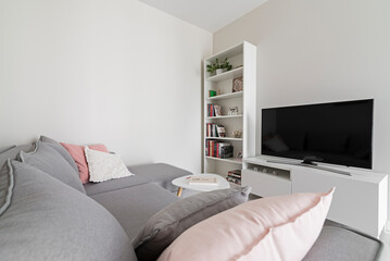Przytulny salon w kolorach beżowych, białych i różowych. Szara sofa ze stolikiem na kawę. Szafka z książkami oraz telewizor