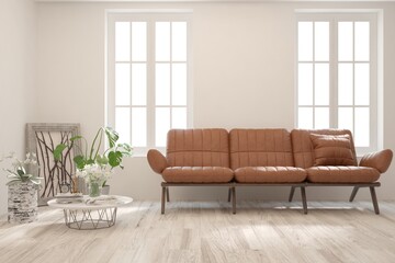 White living room with sofa. Scandinavian interior design. 3D illustration