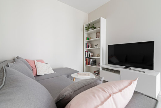 Przytulny salon w kolorach beżowych, białych i r&oacute;żowych. Szara sofa ze stolikiem na kawę. Szafka z książkami oraz telewizor