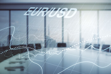EURO USD financial graph illustration on a modern coworking room background, forex and currency concept. Multiexposure