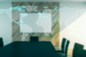 Multi exposure of abstract graphic world map hologram on a modern furnished office interior background, connection and communication concept